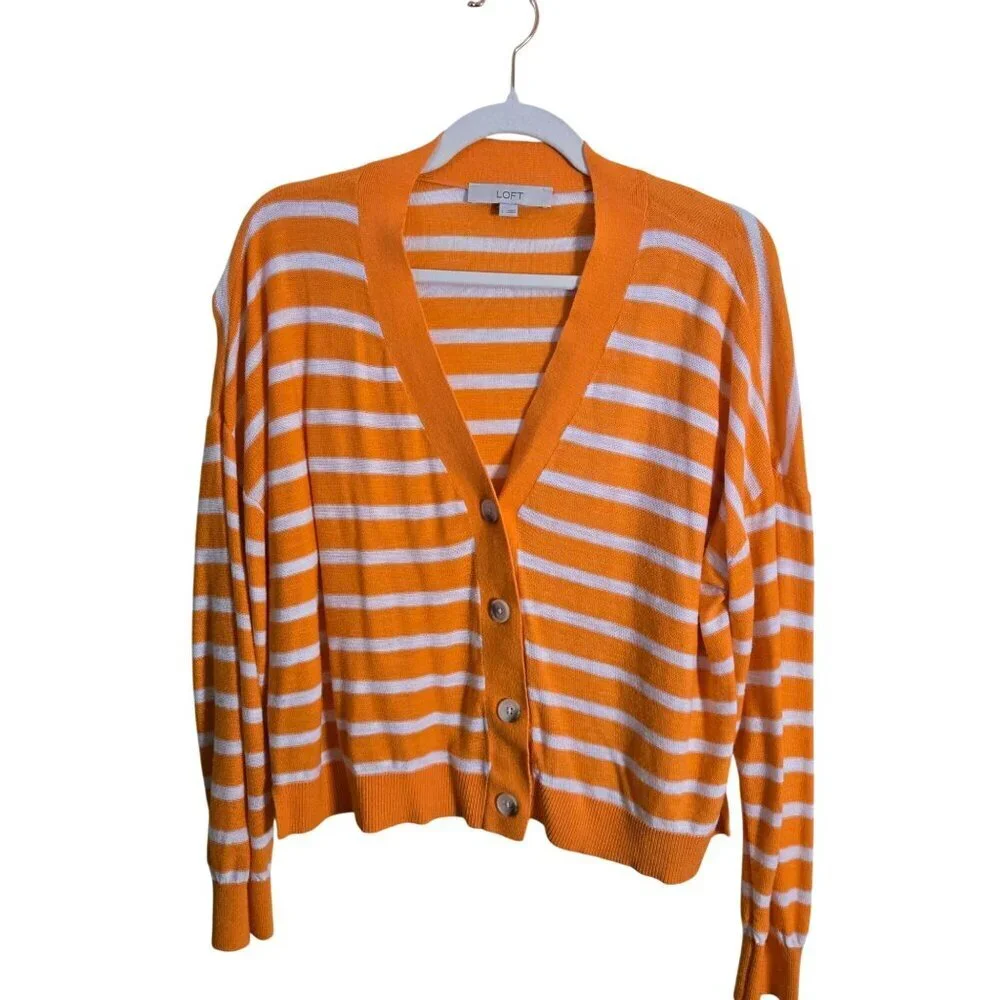 Loft Sherbet Orange White Striped V Neck Lightweight Cardigan Sweater Size L